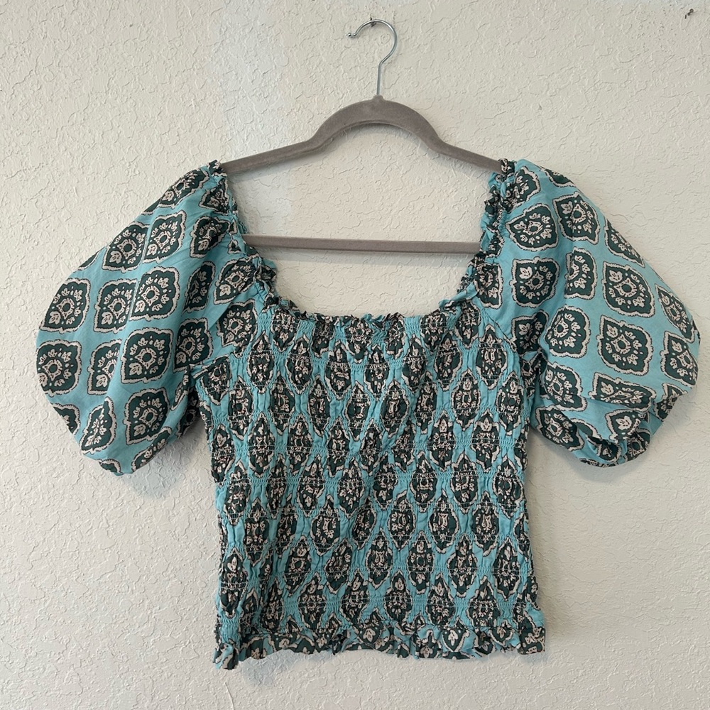 Maurices Blue Smocked Puff Sleeve Crop Top, Boho Milkmaid Cottagecore Summer Top